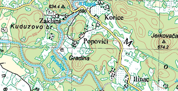 Položaj crkvine jugozapadno od zaselka Popovići, uz koju se nalazi groblje sa stećcima, označen je na zemljovidu znakom križa (Izvor: Geoportal (geoportal.dgu.hr))