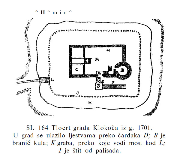 Tlocrt utvrđenog grada Klokoča iz 1701. godine (Izvor: Gjuro Szabo ”Sredovječni gradovi u Hrvatskoj i Slavoniji”, 1920.)