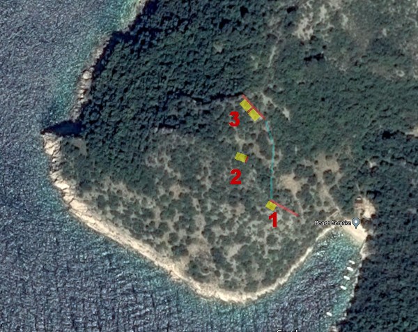 Slika 9. - Karta lokacija na kojima smo obavili mjerenja postojećih zidova; crveno su označeni zidovi sa žbukom, plavo suhozidi i tragovi suhozida, a žuto vjerojatni položaji zatvorenih objekata (prostorija) (Izrada: Tomislav Beronić)