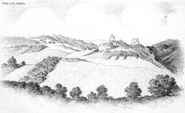 Pogled s istoka na ruševine Steničnjaka u drugoj polovici 19. stoljeća (Crtež: Ernest (Dragutin) Kramberger; Izvor: Radoslav Lopašić ”Oko Kupe i Korane”, 1895.)