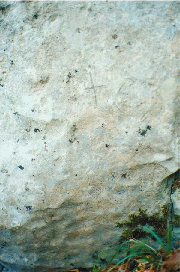 Petroglifi u obliku križa, romba i kotača. (Izvor: ”Godišnjak zaštite spomenika kulture Hrvatske” (Hrvoje Malinar ”Nađeni petroglifi u kanjonu rijeke Like”), 2007-2008.)