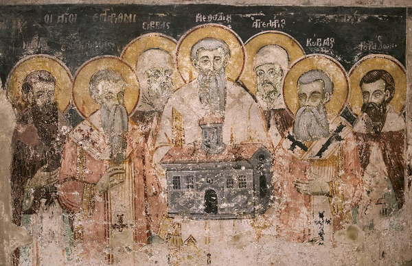 Freska sedam slavenskih apostola: uz učitelje Ćirila i Metoda, tu su još Klement, Naum, Sava, Gorazd i Angelarijie. (Izvor: Solin Live (solin-live.com))