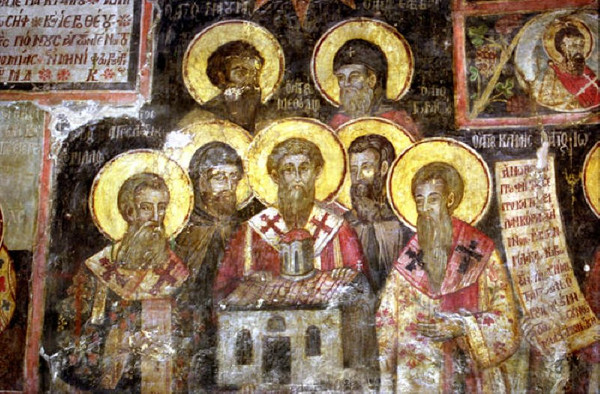 Na fresci sedam slavenskih apostola; Sava Ohridski je prikazan kao drugi s lijeva. (Izvor: Wikipedia (wikipedia.org))