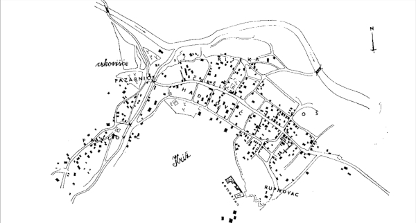 Plan grada Fojnice s kraja 19. stoljeća (Izvor: Vlajko Palavestra ”Historijska narodna predanja i  toponomastika u  Fojnici i okolini”, str. 103)