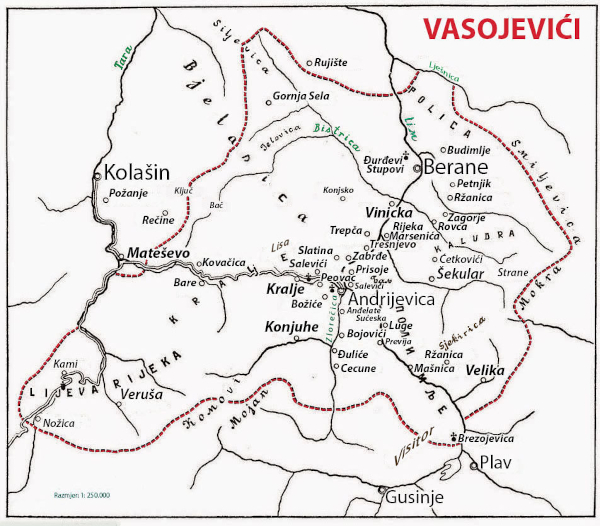 Područje plemena Vasojevići (Izvor: Dinarsko gorje (dinarskogorje.com); Montenegrin Ethnic Association of Australia)