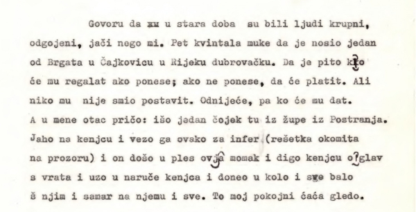Predaje o snažnim ljudima koje je Maji Bošković - Stulli 1962. godine ispričao starac Stijepo Asanović iz sela Brgat Donji nedaleko Dubrovnika (Izvor: Digitalizirani repozitorij Instituta za  etnologiju i folkloristiku iz Zagreba (repozitorij.dief.eu))