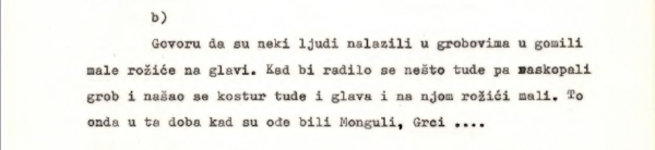 Predaja o pronalasku ljudskih lubanja s roščićima, koju je 1962. godine Maja Bošković - Stulli čula u Postranju (Izvor: Digitalizirani repozitorij Instituta za  etnologiju i folkloristiku iz Zagreba (repozitorij.dief.eu))
