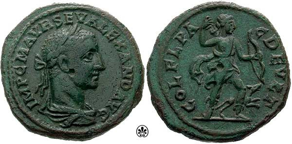 Srebrni denar rimskog cara Aleksandra Severa (222-235.), kakvog je 1911. godine nedaleko Male Crkvine pronašao arheolog Josip Brunšmid (Izvor: Classical Numismatic Group, Inc. (cngcoins.com))