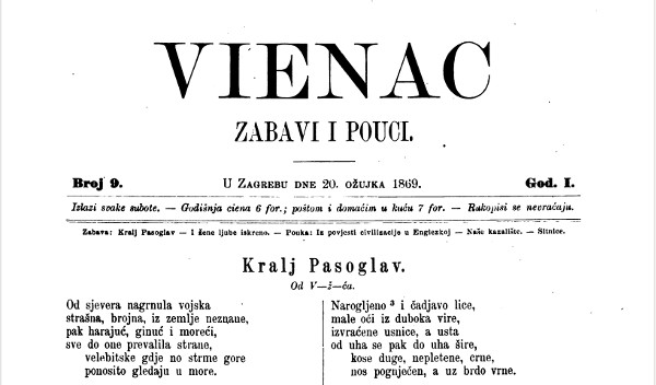 Tjednik ”Vienac” od 20. ožujka 1869. godine u kojem je Vladislav Vežić u bilješci pjesme ”Kralj Pasoglav” spomenuo predaju o južnovelebitskim divovima (Izvor: Internet Archive (archive.org))