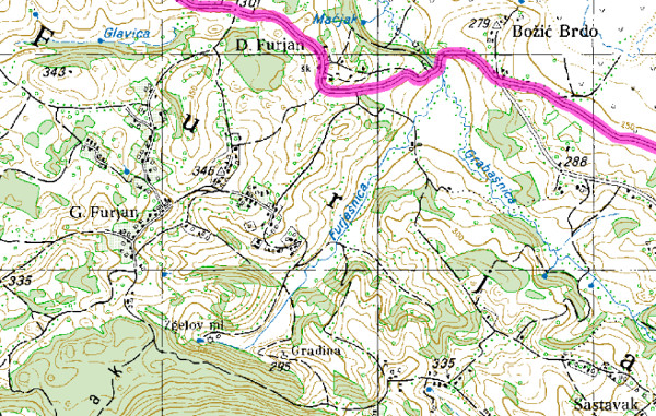 Položaj utvrde Furjan na vojnoj topografskoj karti ”specijalki” (prema izmjeri 1947-1976.) naznačen je toponimom Gradina (Izvor: Ministarstvo poljoprivrede RH - Aktivna lovišta (sle.mps.hr))