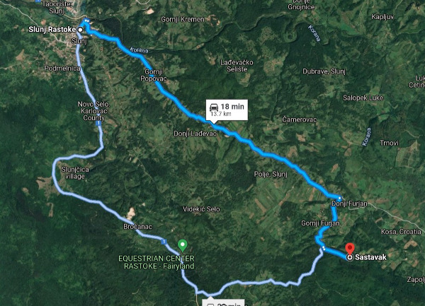 U obilazak utvrde Furjan možete krenuti iz Slunja preko Popovca i Lađevca u smjeru Donjeg i Gornjeg Furjana, a vratiti se kružno cestom D1 (Izvor: Google Maps (google.com))