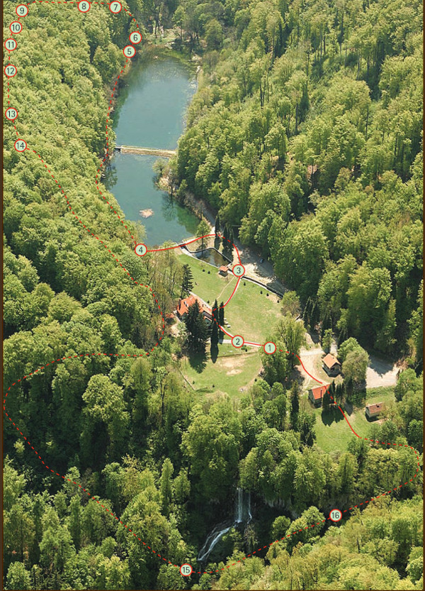 Pogled iz zraka na park-šumu Jankovac, s ucrtanim smjerom pružanja i postajama poučne Grofove staze (Izvor: Park prirode Papuk (pp-papuk.hr))