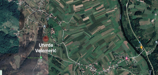 Na suvremenom zemljovidu označeno mjesto položaja nekadašnjeg utvrđenog grada Velemerića (Priredio: Tomislav Beronić)