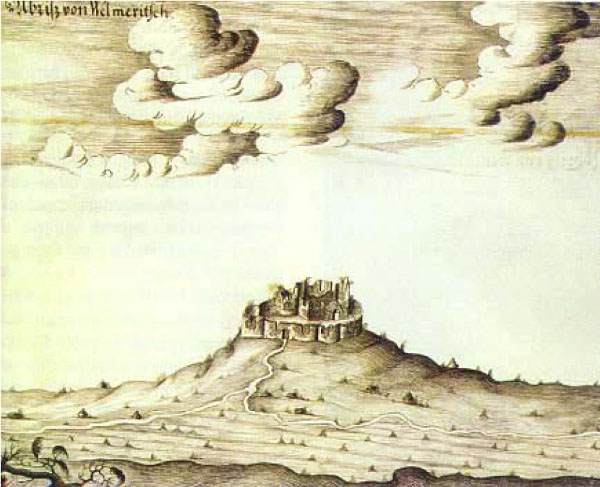 Jedini poznati crtež već ruševne utvrde kojeg je oko 1660. godine izradio austrijski vojni inženjer Martin Stier (Izvor: ”Građevinar” (Branko Nadilo ”Utvrde na prostoru između Slunja i Karlovca”), 2003.)