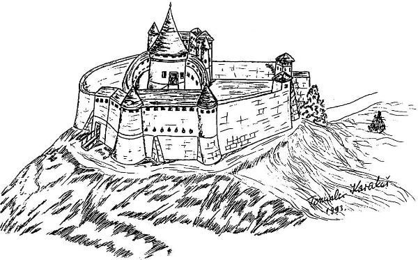 Srednjovjekovna utvrda u Udbini na crtežu Tomislava Karakaša iz 1993. godine