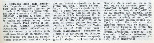 Izvještaj Ante Rukavine ”Obilježen grob Ilije Smiljanića” kojeg je objavio u časopisu ”Naše planine” 1975. godine (Izvor: ”Naše planine”, broj 5-6 iz 1975.)