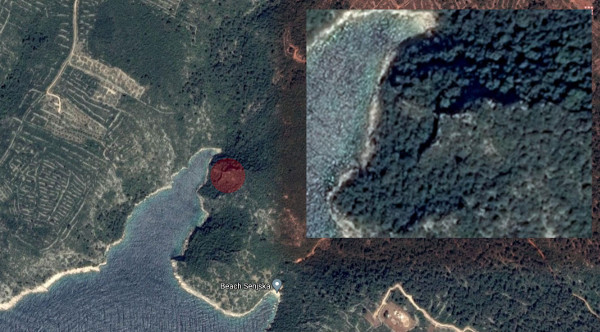 Slika 2. - Crvenim krugom označena je pretpostavljana ciljana lokacija istraživanja; desno gore je uvećan detalj iste slike (Izrada: Tomislav Beronić)