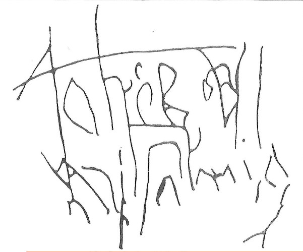 Crtež dijela znakova urezanih u stijeni Siničić špilje nedaleko Brinja (Izvor: "Speleo’zin" (Mladen Garašić ”Siničić špilja”), broj 10 iz siječnja 1999.)