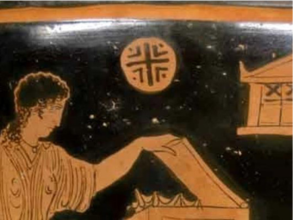 Tausen simbol na helenskoj vazi prikaza Parisa i Helene