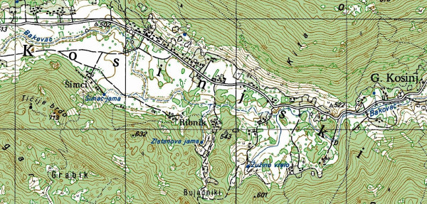 Vojna karta "specijalka"; položaj frankopanskog kaštela Kosinja je ispod slova "ib" u riječi Ribnik. (Izvor: Geoportal (geoportal.dgu.hr))