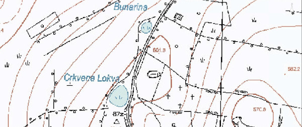 Nedaleko jezerca Crkvena lokva nalazi se još jedno manje pod nazivom Bunarina (Izvor: Geoportal (geoportal.dgu.hr))