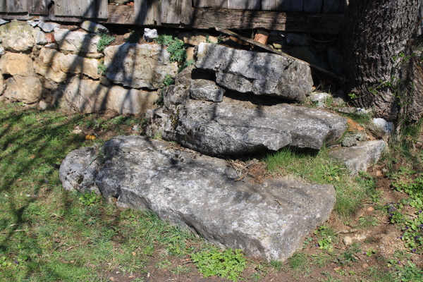 Velika kamena ploča kao dio stepeništa napuštene seoske kuće u Siči, jugozapadno od Barilovića (Foto: Goran Majetić, 17. ožujka 20023.)