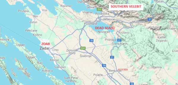 Zadar (Zoar) i ”Mrtva mora”  Novigrada i Karina, s južnim Velebitom u pravcu istoka i sjevera