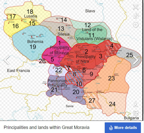 Teritorijalni ustroj Velike Moravske - Slovenske države i širenje Moravske kneževine tijekom 9. stoljeća (još jedna pretpostavka). (Izvor: Wikipedia (en.wikipedia.org))