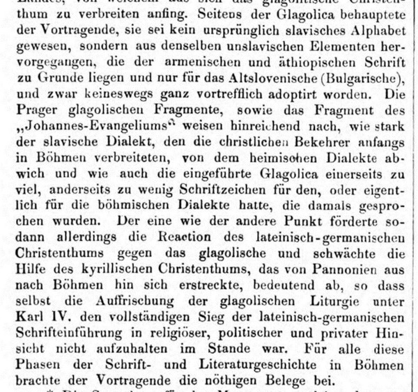 U spomenutom časopisu br. 17 od 28. travnja 1866. godine objavljen je članak ”Westrussland und seine fatalistische Bedeutung für das Slaventhum” (”Zapadna Rusija i njezin presudni značaj za zemlje Slavena”) u kojemu se spominje tvrdnja "da Glagoljica nije izvorno slavenskog porijekla, već se prilagodila staroslavenskom govoru uvođenjem armenskih i etiopskih elemenata". (Izvor: Münchener Digitalisierungs Zentrum (digitale-sammlungen.de))