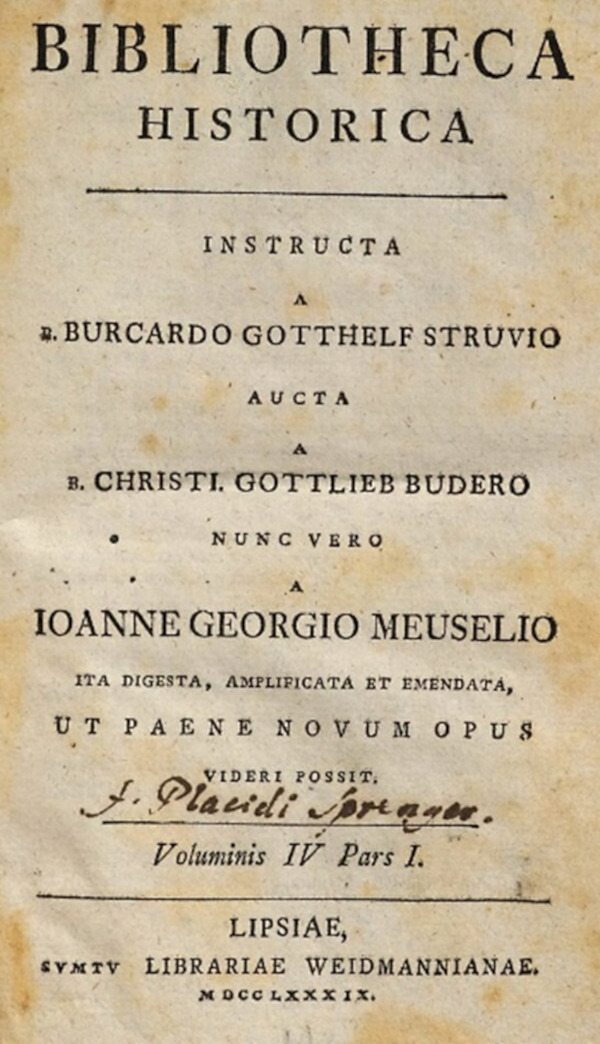 "Bibliotheca Historica", svezak IV. broj I.,  obajvljen u gradu Lipsiae (Leipzig) u Njemačkoj 1789. godine. (Izvor: Google (books.google.hr))