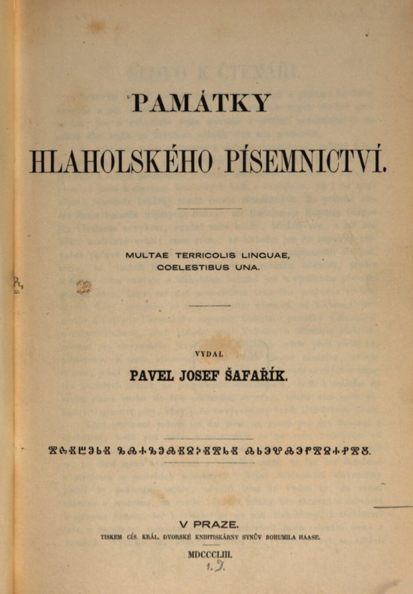 Knjiga ”Památky hlaholského písemnictví” (”Počeci glagoljske pismenosti” objavljena je u Pragu 1853. godine (Izvor: Internet Archive (archive.org))