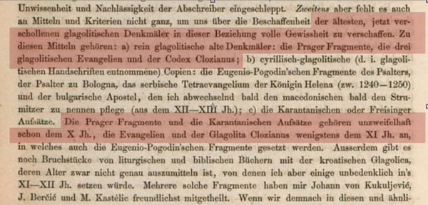 U drugoj cjelini knjige Abhandlung II. (Rasprava II.), u 4. poglavlju na str. 28, Šafárik ističe "Praške listiće" kao najstariji glagoljski spomenik uz tri evangelistara i Codex Clocianus (odnosno Frankopanski kodeks, kako ja nazivam Kločev glagoljaš). Praške listiće datira "bez sumnje" u X. stoljeće.