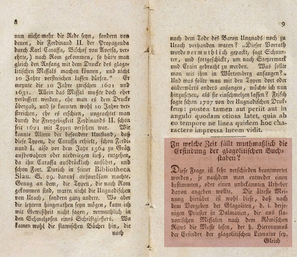 Na str. 9 knjige ”Glagolitica ...” Josef Dobrovsky ističe "najstarije mišljenje da je tvorac glagoljice tadašnji svećenik iz Dalmacije… sv. Jeronim…".