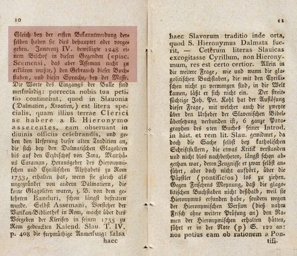 Na stranici 10 knjige ”Glagolitica ...” Josef Dobrovsky napominje da je papa "Inocent IV. odobrio 1248. senjskom biskupu … korištenje tih slova i tog jezika u bogoslužju".