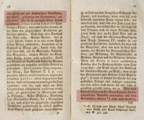 Na stranici 28., pozivajući se na djela Gelasiusa Dobnera (1719.-1790.), u kojima spominje Jeronimov prijevod Biblije na hrvatski jezik i glagoljsko pismo, Josef Dobrovsky postavlja pitanje "Gdje se može naći jasan trag o tome?", da bi na kraju 29. stranice i počeku 30. ustvrdio "da je ćirilska azbuka iz IX. stoljeća starija od glagoljske iz XIII."