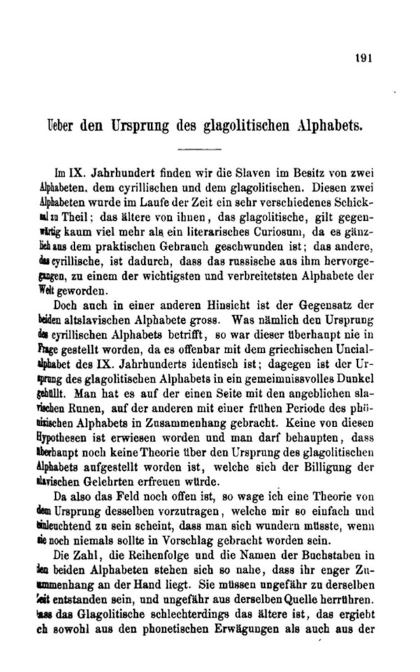 Isaac Taylor, prva od dvije stranice njegovog razmišljanja o porijeklu glagoljice ”Über den Ursprung des glagolitischen Alphabets”. (Izvor: Google (books.google.hr) - ”Archiv für slavische philologie”, svezak V, Berlin 1881.)