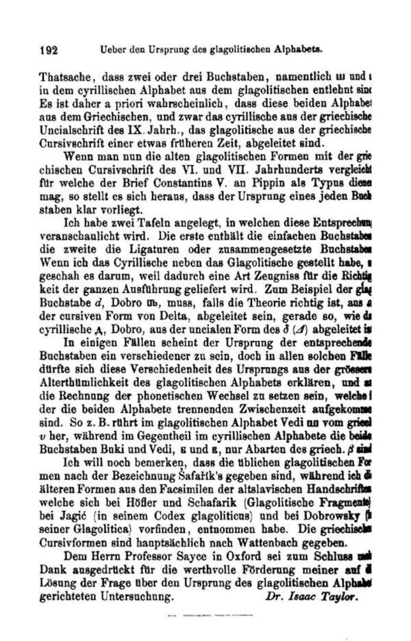 Isaac Taylor, druga od dvije stranice njegovog razmišljanja o porijeklu glagoljice ”Über den Ursprung des glagolitischen Alphabets”. (Izvor: Google (books.google.hr) - ”Archiv für slavische philologie”, svezak V, Berlin 1881.)