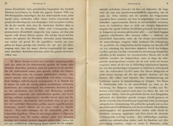 U Uvodu (Einleitung) spomenute knjige, na str. IV. u poglavlju II., Franc Miklošič iznosi svoje viđenje podrijetla glagoljice