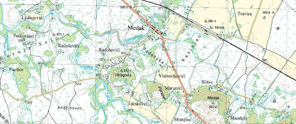 Medak čini više zaselaka razbacanih 15-ak kilometara jugoistočno od Gospića (Izvor: Geoportal (geoportal.dgu.hr))