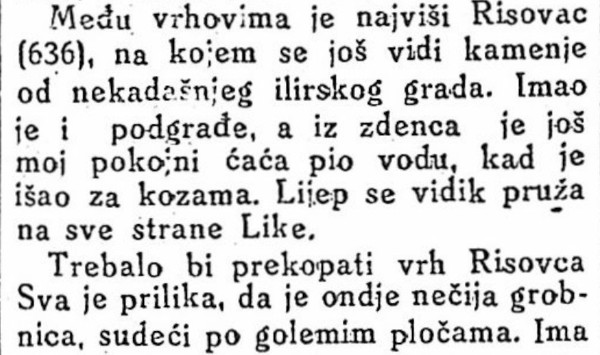 Ulomak iz napisa Frana Biničkog pod naslovom "Mušaluk", u kojemu je iznio pretpostavku o grobnici na vrhu Velikog Risovca (Izvor: ”Lički Hrvat”, broj 5-6 od 20. listopada 1937.)