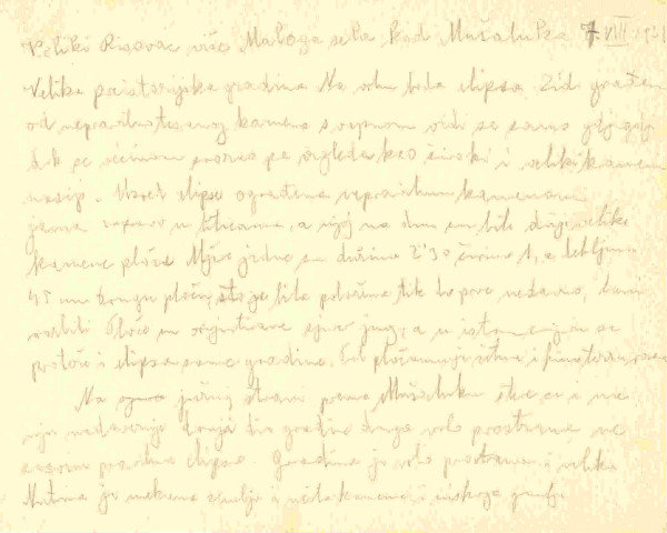 Rukopisna bilješka u istraživačkom dnevniku Većeslava Henneberga od 7. kolovoza 1931. godine, u kojoj je opisao  prapovijesnu gradinu i istaknuo nalaz velikih ploča na vrhu Veliki Risovac (Izvor: Ministarstvo kulture - Uprava za zaštitu kulturne baštine - ostavština Većeslava Henneberga (MK-UZKB-OVH))