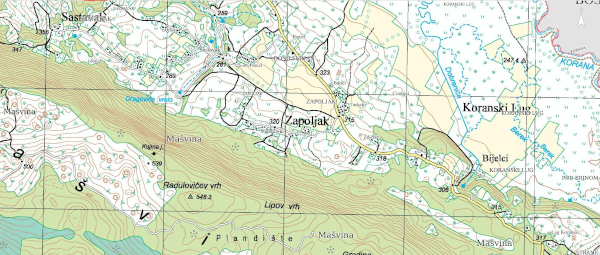 Zaselak Zapoljak smjestio se na valovitoj visoravni između brijega Mašvine i rijeke Korane (Izvor: Geoportal (geoportal.dgu.hr))