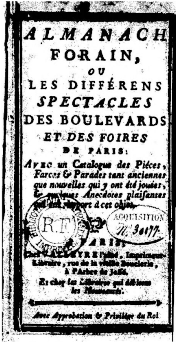 Naslovnica glasila ”Almanach forain” od 1. siječnja 1773. godine (Izvor: BnF Gallica (gallica.bnf.fr))